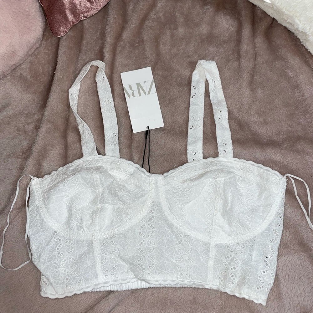 zara white lace crop top